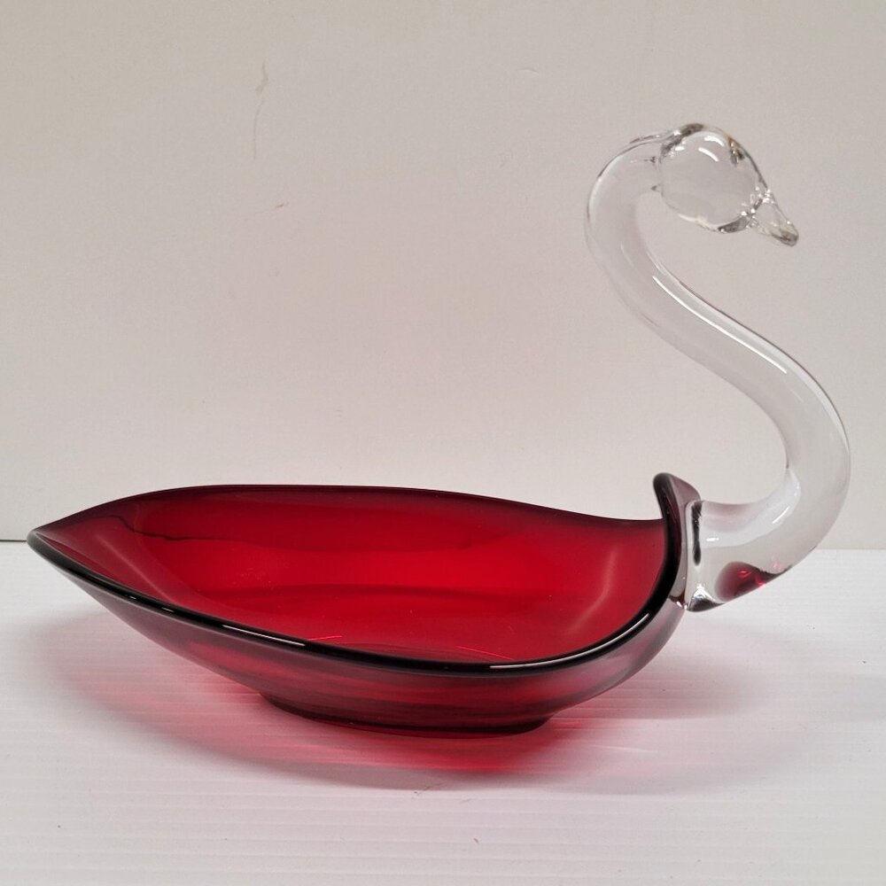 Vintage Red Swan Duncan Miller Viking Glass Candy Trinket Dish 8'' Holiday